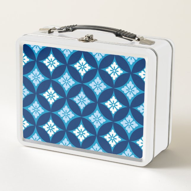 Shippo with Flower Motif, Indigo Blue and White Metal Lunch Box (Front)