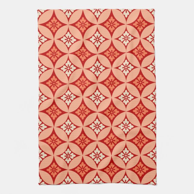 Shippo with Flower Motif, Mandarin Orange Kitchen Towel (Vertical)