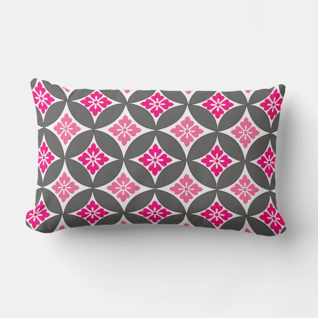 Shippo with Flower Motif, Pink and Silver Gray Lumbar Pillow (Front)