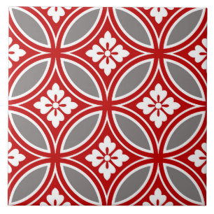 Shippo with Flower Motif, Red, White and Gray Ceramic Tile