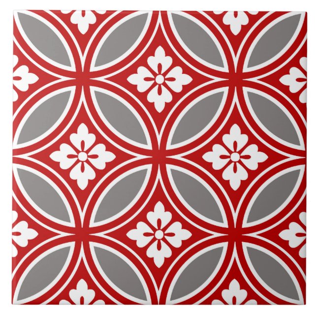 Shippo with Flower Motif, Red, White and Gray Ceramic Tile (Front)