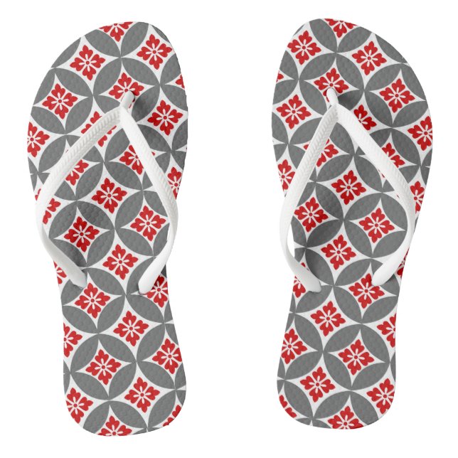 Shippo with Flower Motif, Red, White and Gray Flip Flops (Footbed)