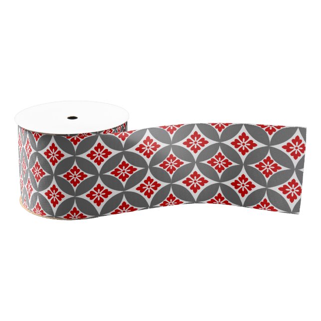 Shippo with Flower Motif, Red, White and Gray Grosgrain Ribbon (Spool)