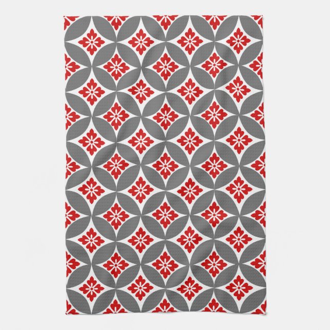 Shippo with Flower Motif, Red, White and Gray Kitchen Towel (Vertical)
