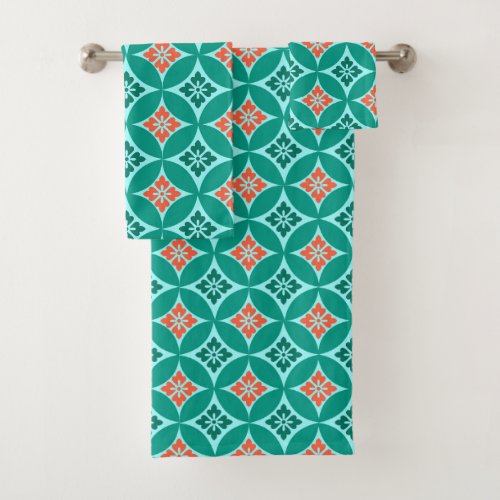 Shippo with Flower Motif Turquoise and Coral  Bath Towel Set