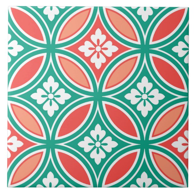 Shippo with Flower Motif, Turquoise and Coral Ceramic Tile (Front)