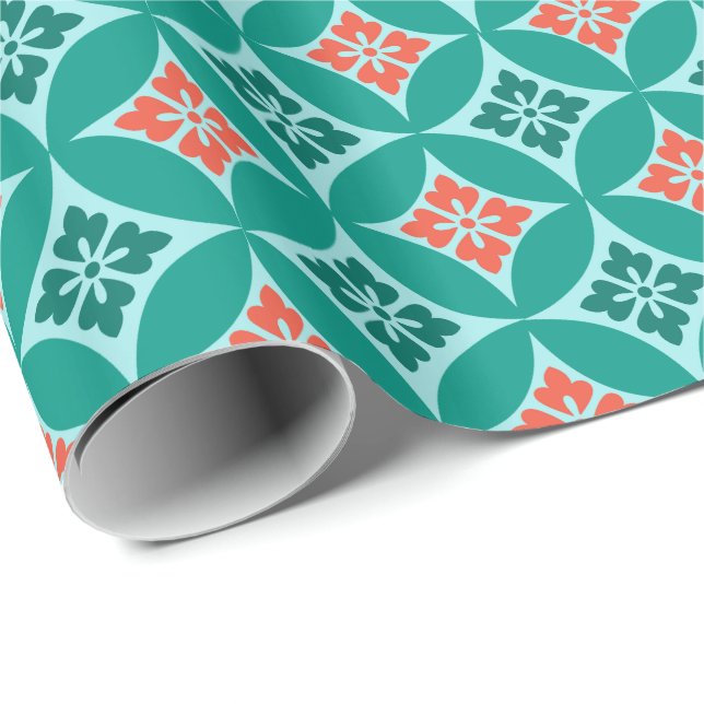 Shippo with Flower Motif, Turquoise and Coral Wrapping Paper (Roll Corner)
