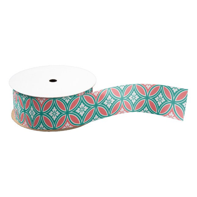 Shippo with Flower Motif, Turquoise & Coral Orange Grosgrain Ribbon (Spool)