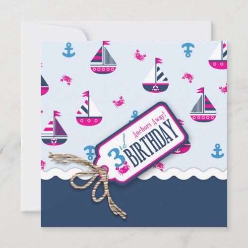 Ships Ahoy! Girl Birthday Invite Square 3