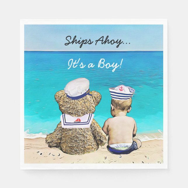 Ships Ahoy, Its a Boy, Nautical Baby Shower Napkins (Front)