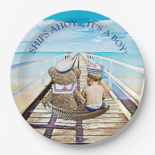Ships Ahoy, Its a Boy, Nautical Baby Shower Paper Plates