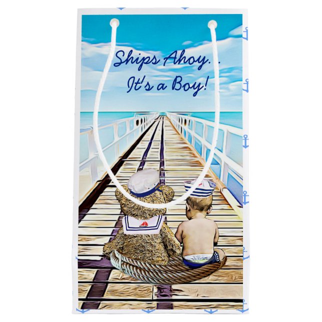 Ships Ahoy, It's a Boy, Nautical Baby Shower Small Gift Bag (Front)