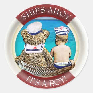 Ships Ahoy, It's a boy, Nautical Baby Shower Theme Classic Round Sticker