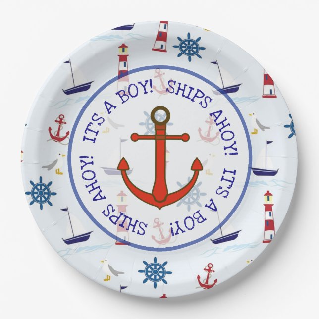 Ships Ahoy Its a boy, Nautical Oceanic Baby Shower Paper Plates (Front)