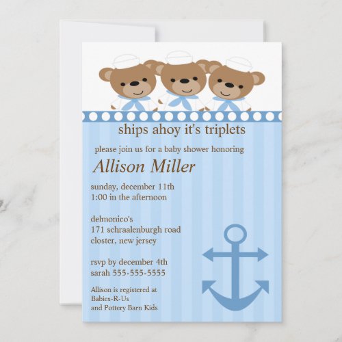 Ships Ahoy It's TRIPLET'S Baby Shower Custom Announcement