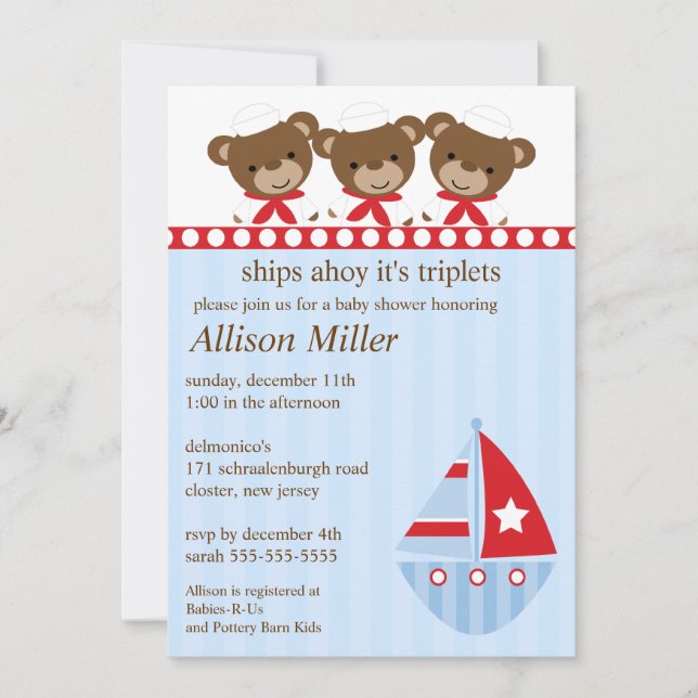 Ships Ahoy It's TRIPLET'S Baby Shower Invitation (Front)