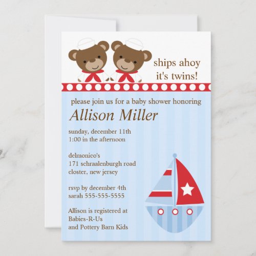 Ships Ahoy Its TWINS Baby Shower Invitation