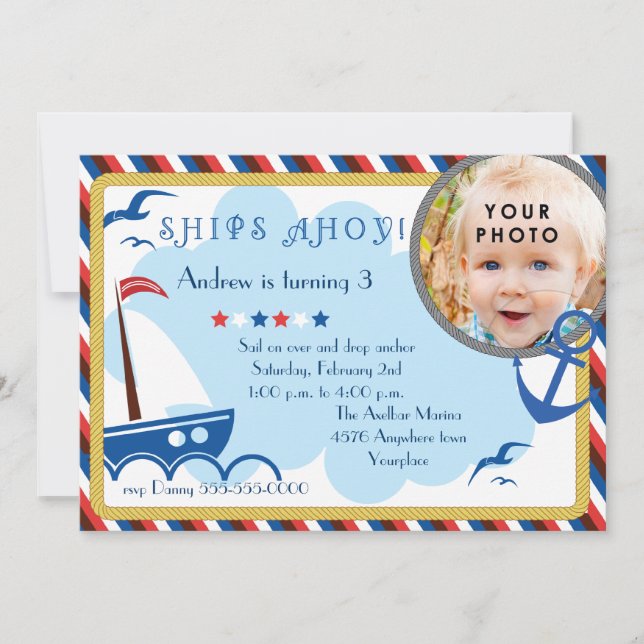 Ships Ahoy nautical birthday invitation (Front)