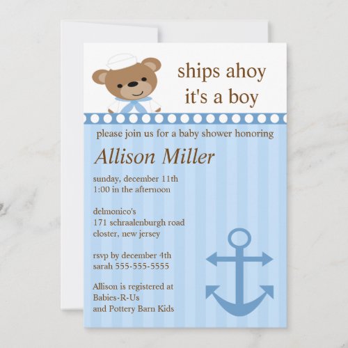 Ships Ahoy Nautical Boy Baby Shower Personalized Announcement