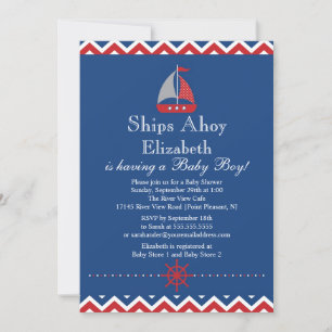 Ships Ahoy Nautical Sailboat Boy Baby Shower Invitation