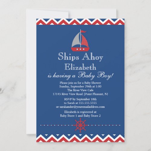Ships Ahoy Nautical Sailboat Boy Baby Shower Personalized Announcement