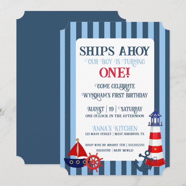 Ships Ahoy Our Baby Boy Is Turning One Birthday  (Front/Back)