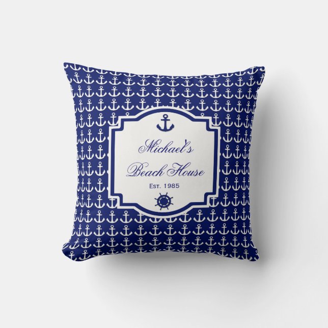 Ship's Anchor Navy Blue Nautical Pillow (Front)