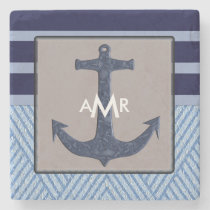Ship's Anchor &amp; Navy Blue Stripes, Nautical Stone Coaster