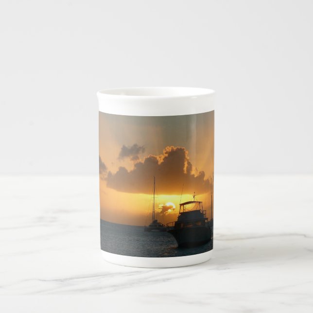 Ships and Sunset Tropical Seascape Bone China Mug (Front)