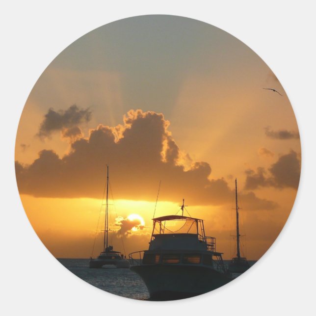 Ships and Sunset Tropical Seascape Classic Round Sticker (Front)