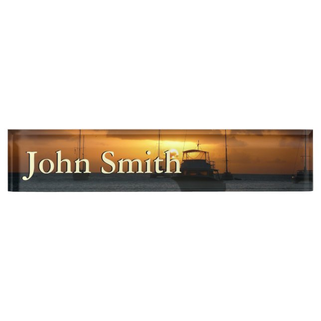 Ships and Sunset Tropical Seascape Desk Name Plate (Front)