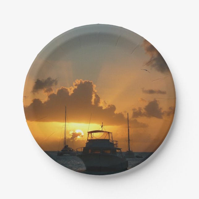 Ships and Sunset Tropical Seascape Paper Plates (Front)
