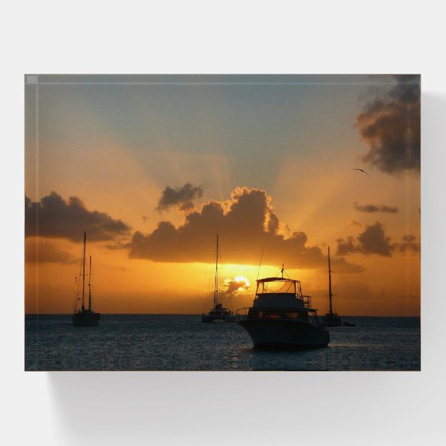Ships and Sunset Tropical Seascape Paperweight (Front)