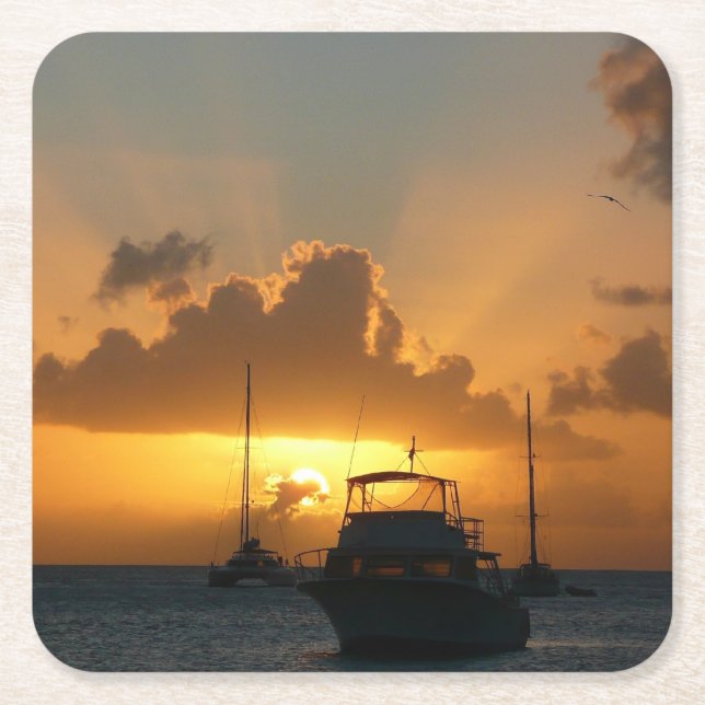 Ships and Sunset Tropical Seascape Square Paper Coaster (Front)