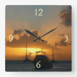 Ships and Sunset Tropical Seascape Square Wall Clock