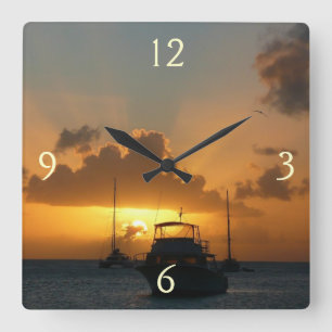 Ships and Sunset Tropical Seascape Square Wall Clock