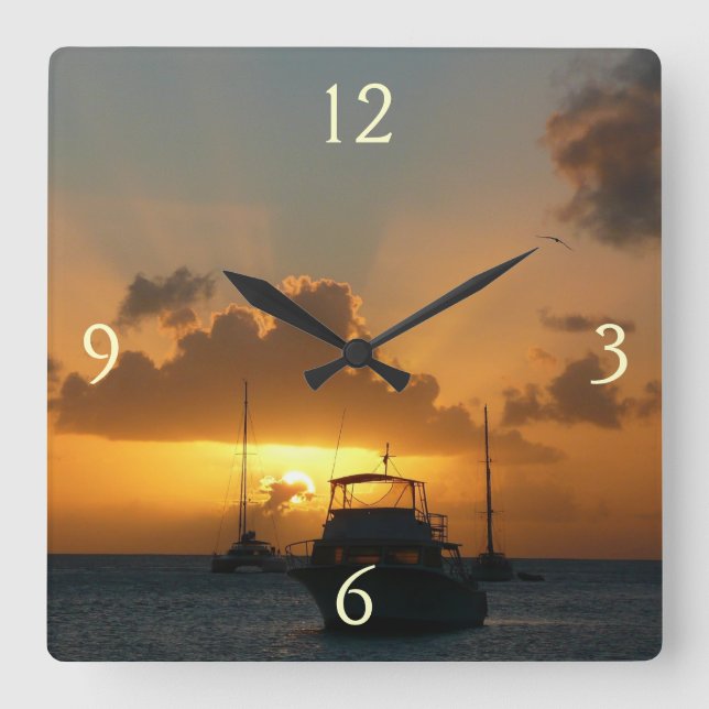 Ships and Sunset Tropical Seascape Square Wall Clock (Front)