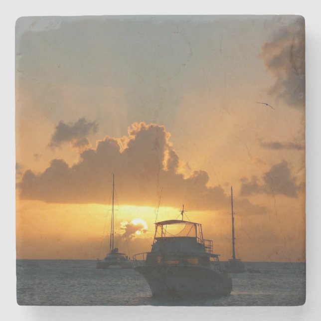Ships and Sunset Tropical Seascape Stone Coaster (Front)