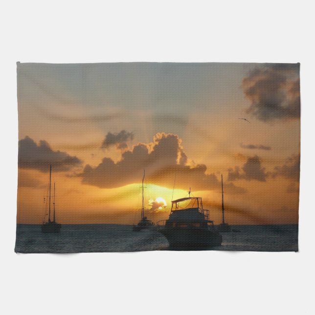 Ships and Sunset Tropical Seascape Towel (Horizontal)