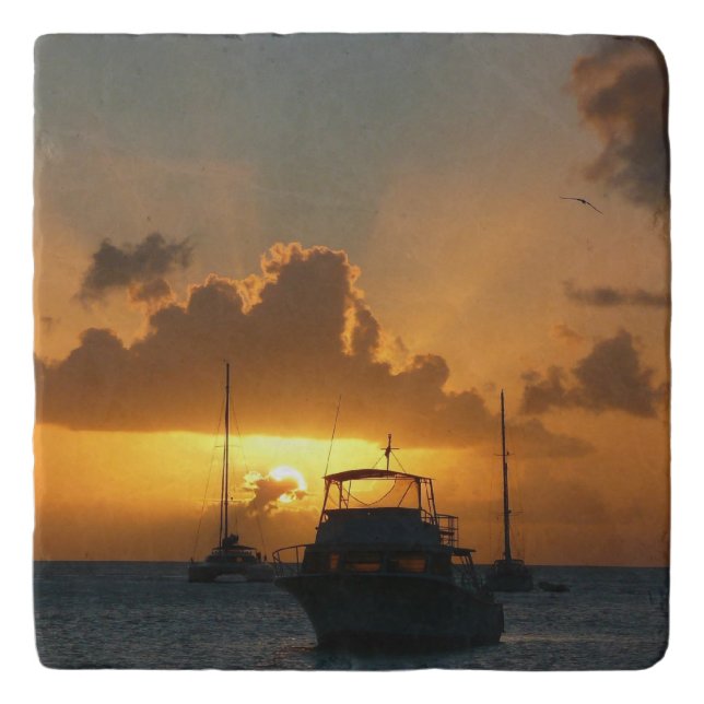 Ships and Sunset Tropical Seascape Trivet (Front)