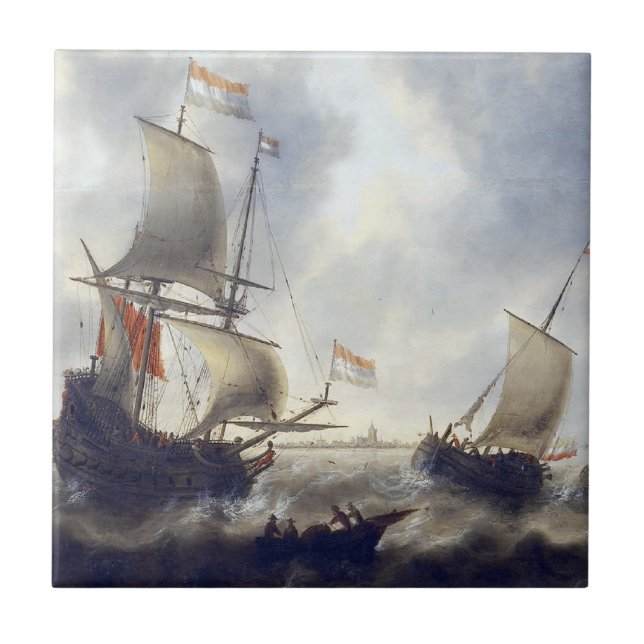Ships at Sea 1660s Ceramic Tile (Front)