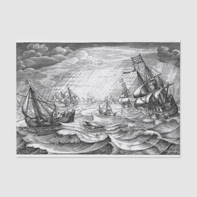 Ships at Sea Drawing 20x30  Decoupage Tissue Paper (Front)