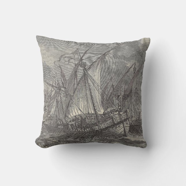 Ships At Sea | Ocean Battle | Antique Print Throw Pillow (Front)