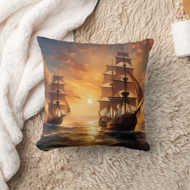 Ships at Sunset Throw Pillow (Blanket)