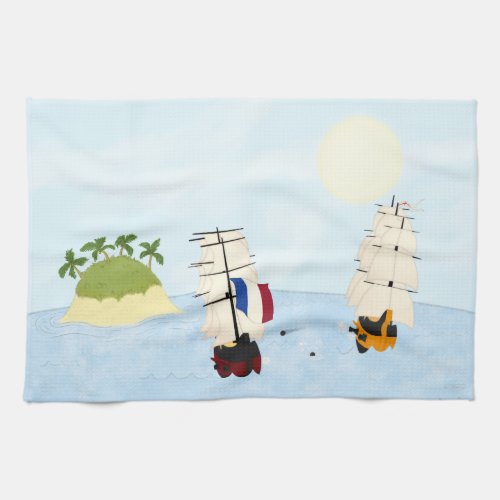 Ships Battle At Sea Near Tropical Island Kitchen Towel