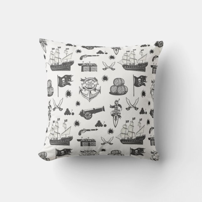 Ships, Cannons, Swords, & Wine Pirate Theme Throw Pillow (Front)