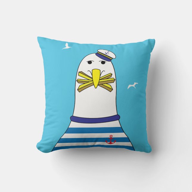 Ships Captain Sailor Seagull Cartoon Character Throw Pillow (Front)