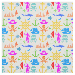 Ships, Fishes, Pirates. Colorful Nautical Pattern Fabric