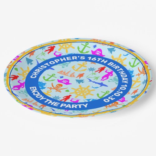 Ships Fishes Pirates Colorful Nautical Pattern Paper Plates