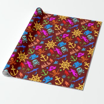 Ships  Fishes  Pirates. Colorful Nautical Pattern Wrapping Paper by DigitalSolutions2u at Zazzle